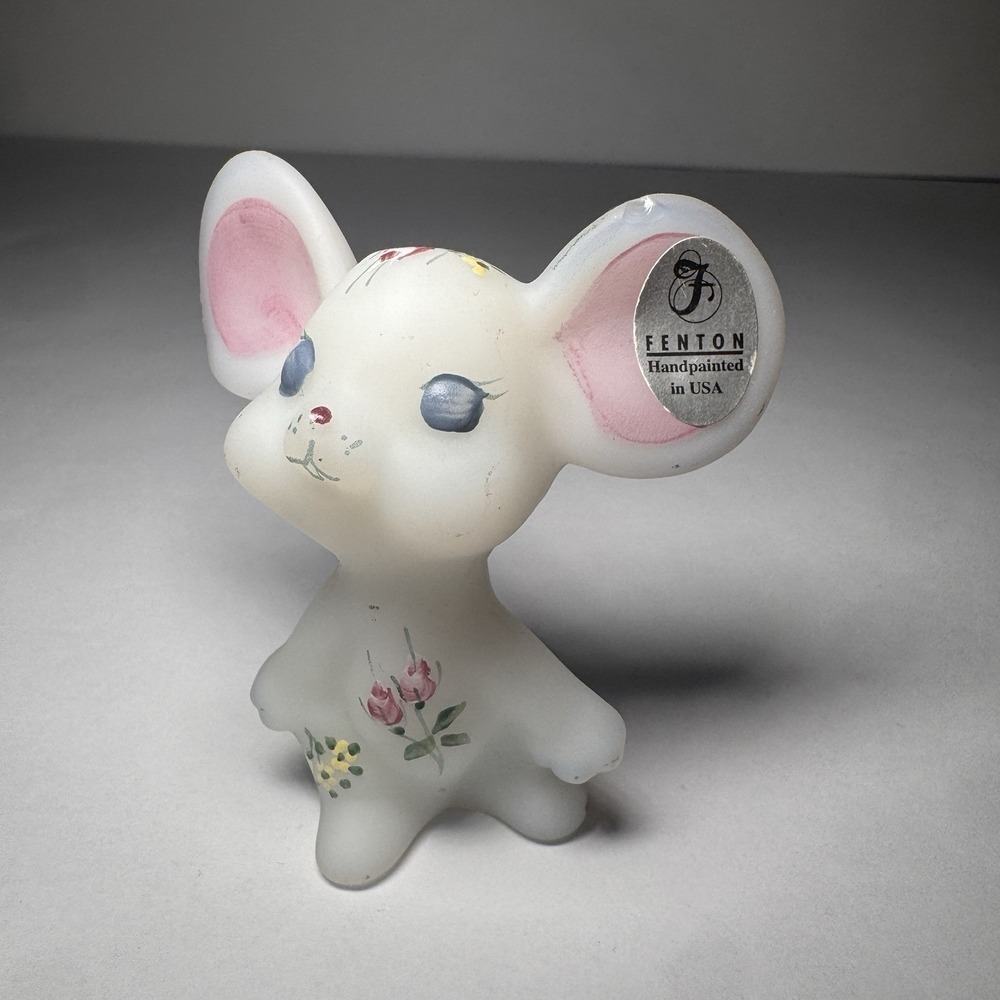 Fenton Mouse White 3" Figurine Handpainted Signed Pink Flower Cute Mouse